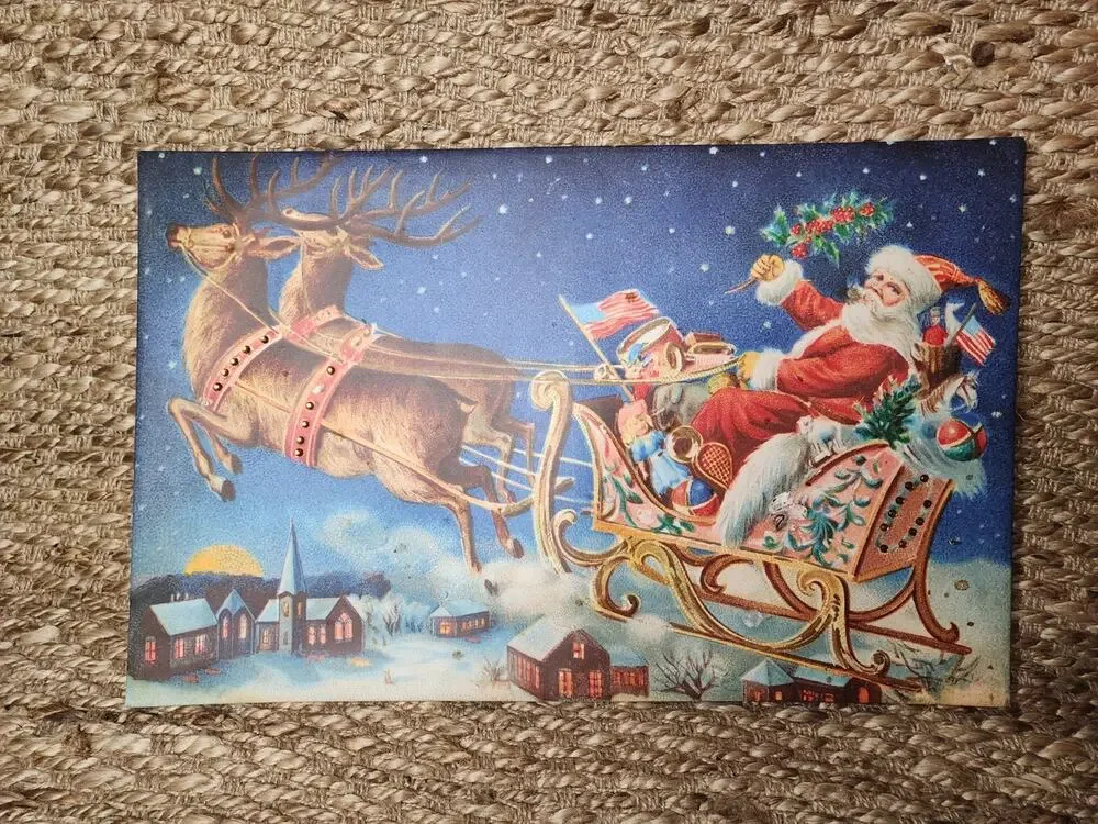 Vtg. Merry Christmas Wall Art Canvas Santa Claus Flying Reindeer Holiday Decor